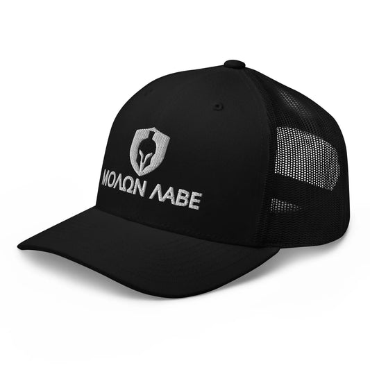 2A Molon Labe Spartan Helm Patriotic Mesh Snapback Trucker Hat in black, right side view mockup of best embroidered mesh snapback custom trucker hat in black. Also available in pink, red, white, silver, orange and 11 other colors.