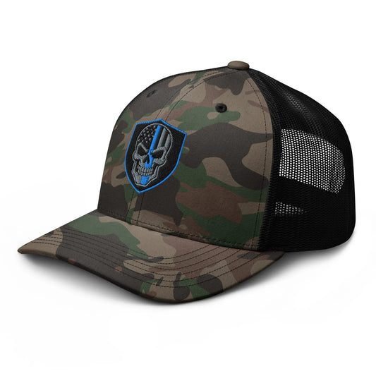 Hats Snapback Custom Trucker Hats Back the Blue Line Skull Camo Patriotic Cap Infidel Collective