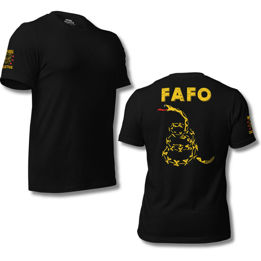 Patriotic 2A FAFO Gadsden Snake Back Print Yellow on Black T-Shirt  Infidel Collective