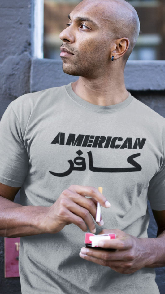 T-Shirt  American Infidel Arabic Script Shirt – Grey Graphic Tee for Men & Women Want to Wear Infidel Collective