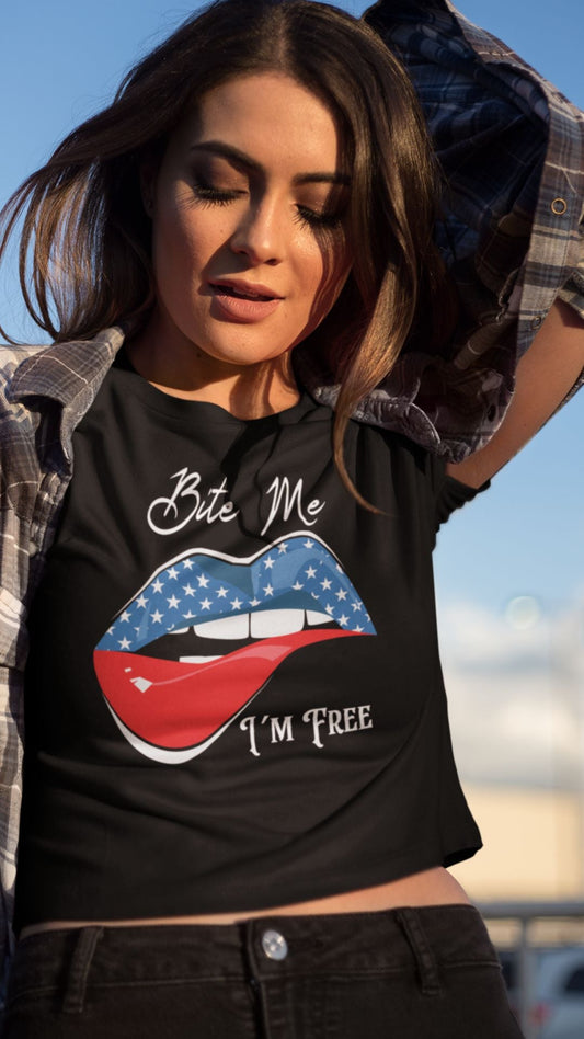 Crop Top  Patriotic Crop Top – Bite Me I’m Free USA Lips Black Fourth of July Shirt Infidel Collective