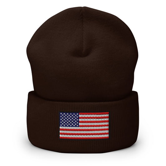 Patriotic Cuffed Beanie with the USA Flag (Old Glory) embroidered into the cuff of the beanie - available in 12 different colors - shown here in brown.