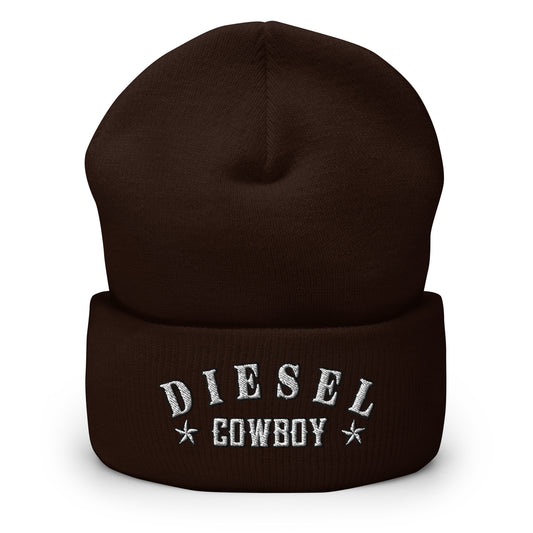 "Diesel Cowboy" embroidered into this cuffed beanie hat by Infidel Collective, available in 12 colors, shown here in brown.