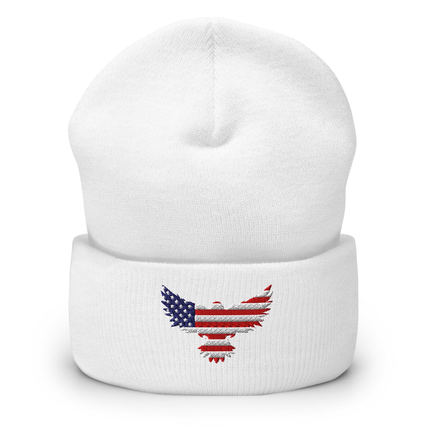 Patriotic Cuffed Beanie with USA Flag (Old Glory) Eagle embroidered into the cuff of the beanie - available in 12 different colors - shown here in white.