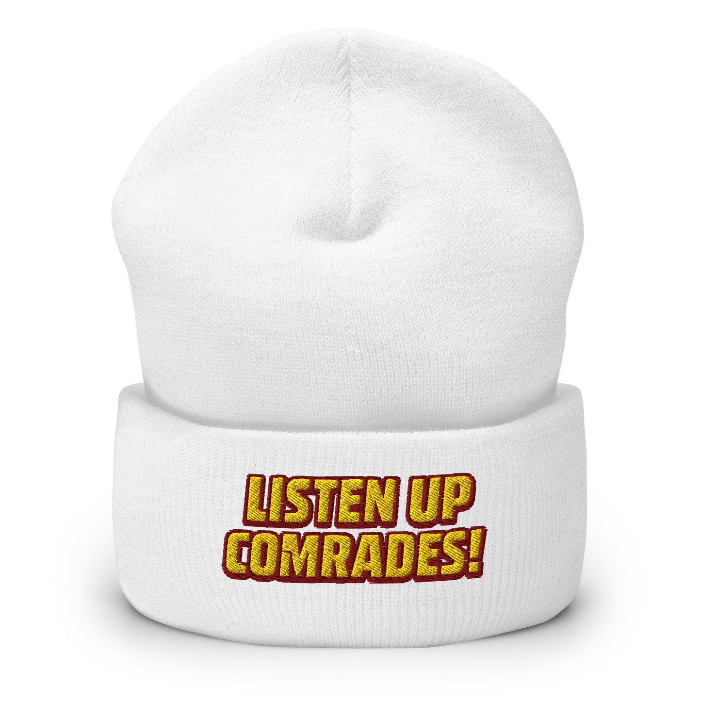 White beanie with 'Listen Up Comrades!' text on a white background