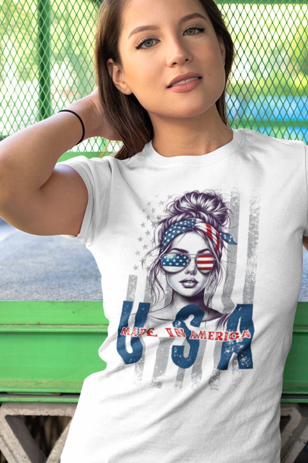 T-Shirt Fourth of July T-Shirt: Patriotic Babe USA Flag Graphic Tee in White Infidel Collective