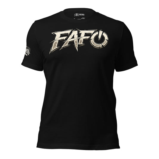Black t-shirt with 'FAFO' logo on a white background