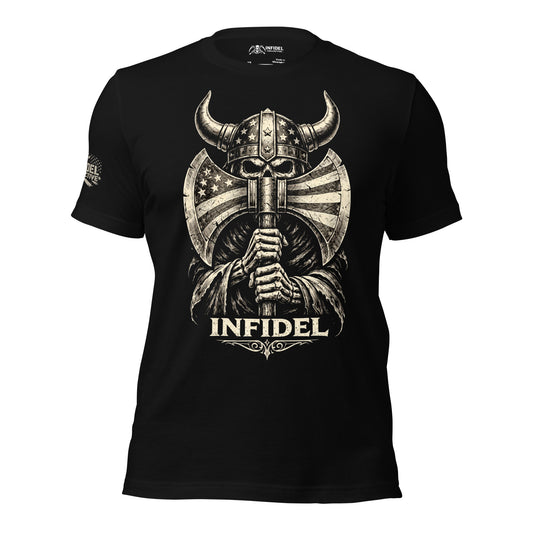 Black t-shirt with 'Infidel' graphic on a white background