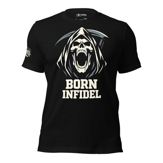 Black t-shirt with a graphic of a skull and the text 'Born Infidel' on a white background.
