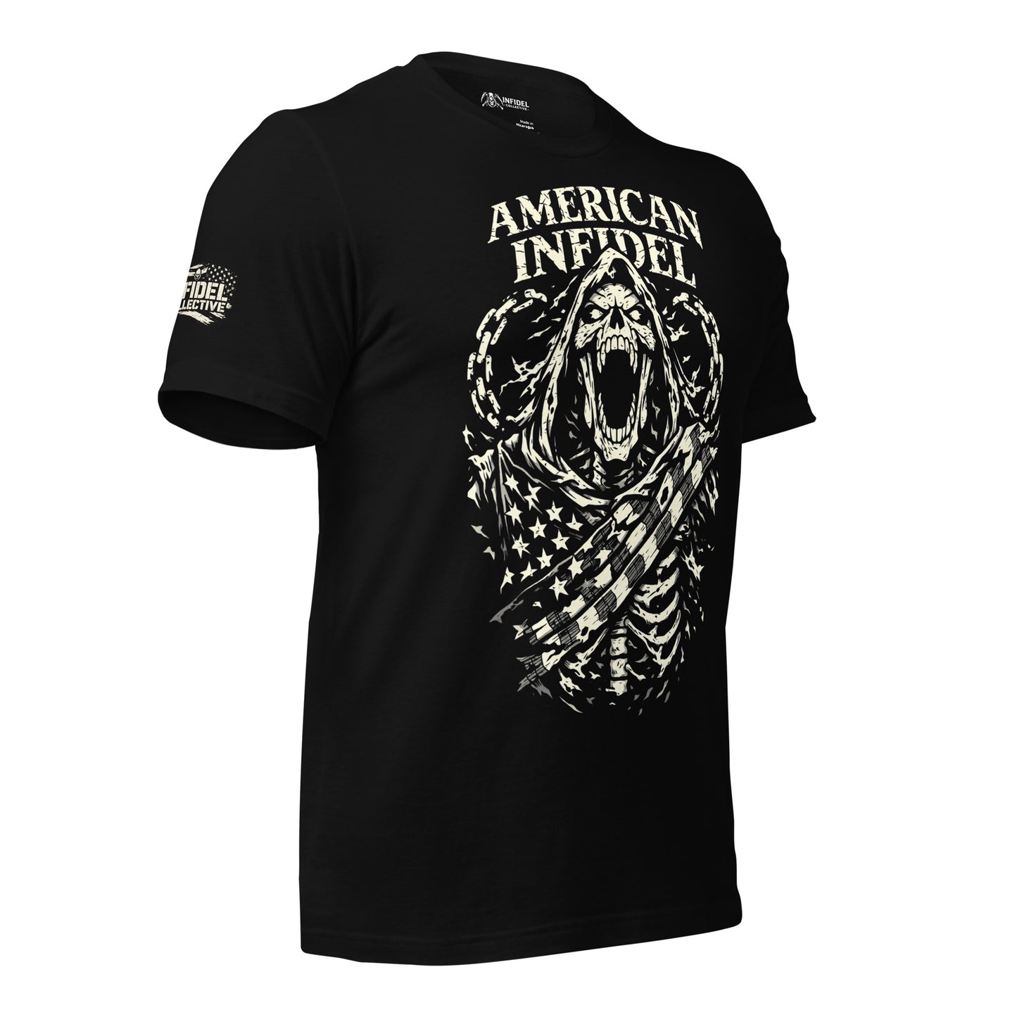 Black t-shirt with 'AMERICAN INFIDEL' design on a white background