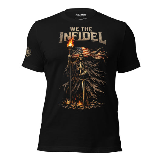 Black t-shirt with graphic design and text 'We The Infidel' on a white background