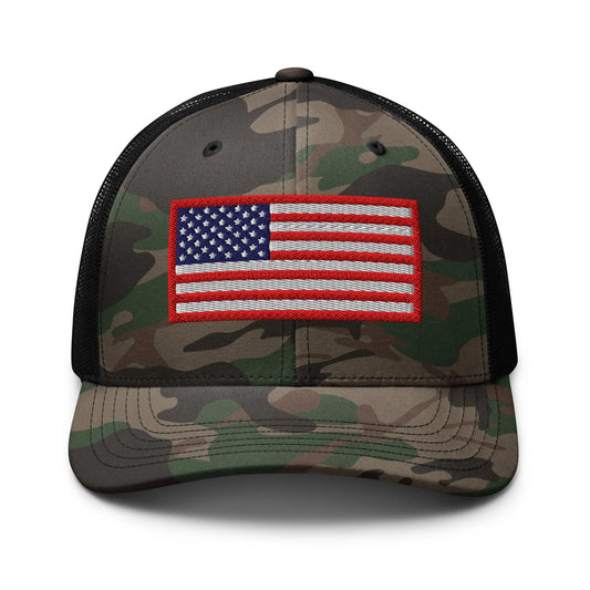 Camo snapback hat with embroidered American flag and red R.E.D. border – patriotic trucker hat for men and women by Infidel Collective.