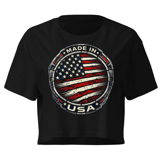 Black crop top with American flag design and 'Made in USA' text on a black background