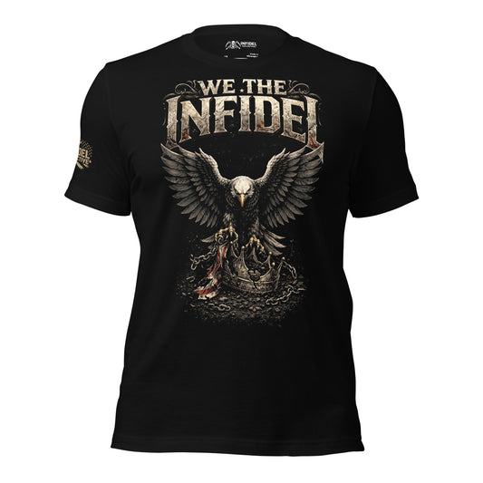 Black t-shirt with an eagle graphic and 'We The Infidel' text on a white background