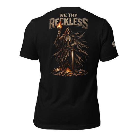 Black t-shirt with a skeleton design and 'We the Reckless' text on the back, displayed on a white background.