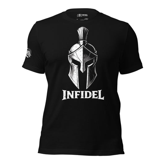 Black t-shirt with a graphic of a helmet and the word 'INFIDEL' on a white background