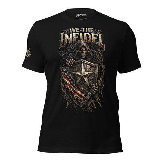 Black t-shirt with graphic design and text 'We The Infidel' on a white background