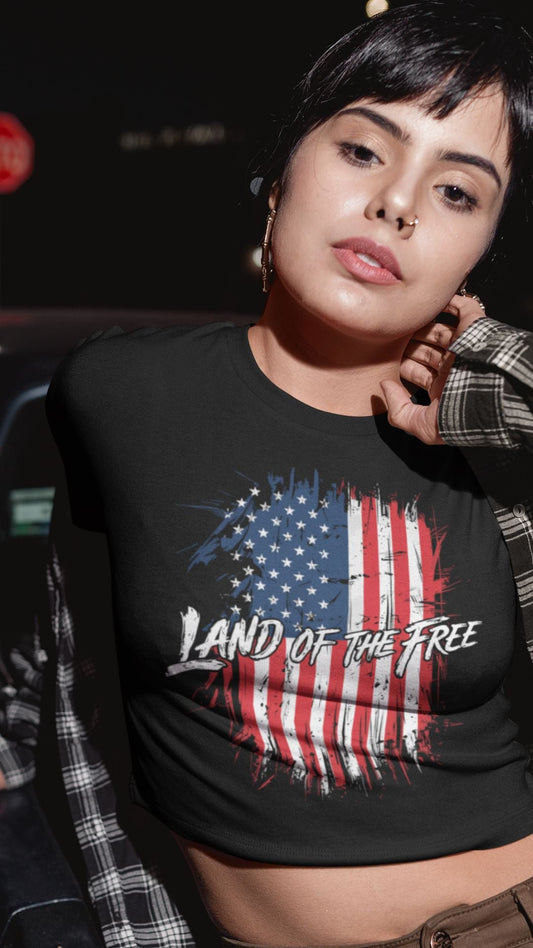 Crop Top  Patriotic Crop Top – Land of the Free USA Flag Black Shirt for Women Infidel Collective