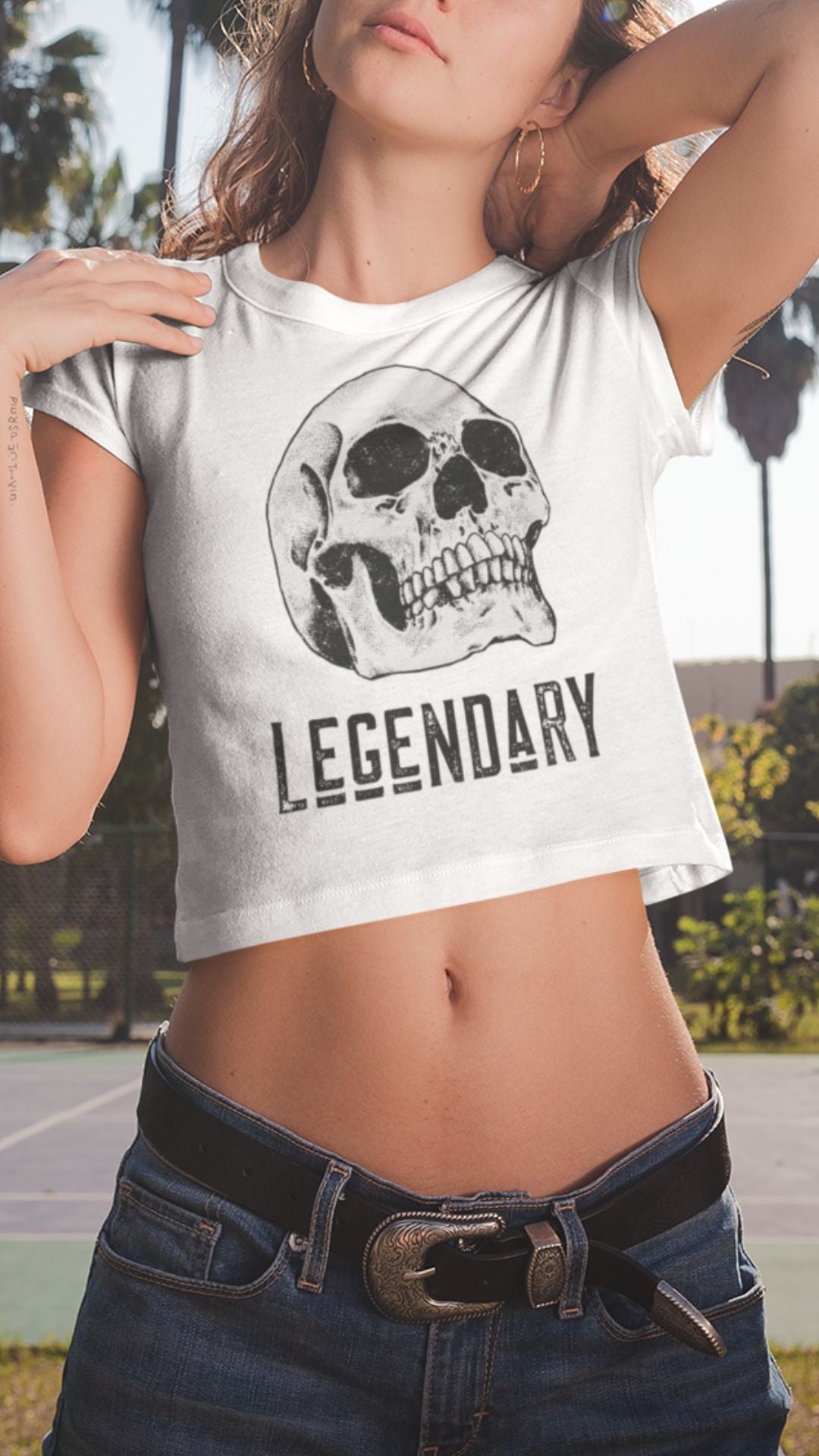 Crop Top Crop Top NSFW – Badass Legendary Skull White Graphic Shirt for Women Infidel Collective
