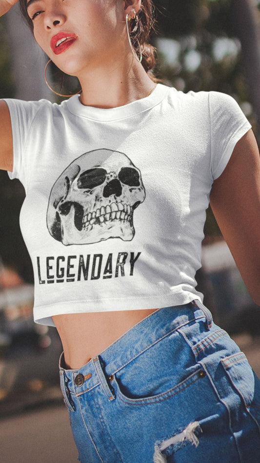 Crop Top  Crop Top NSFW – Badass Legendary Skull White Graphic Shirt for Women Infidel Collective