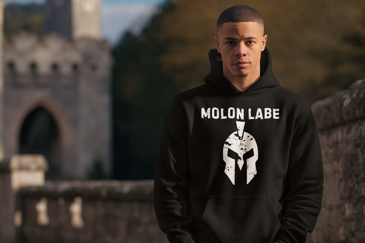 Black Molon Labe hoodie with distressed Spartan helmet design – patriotic streetwear for men and women by Infidel Collective.
