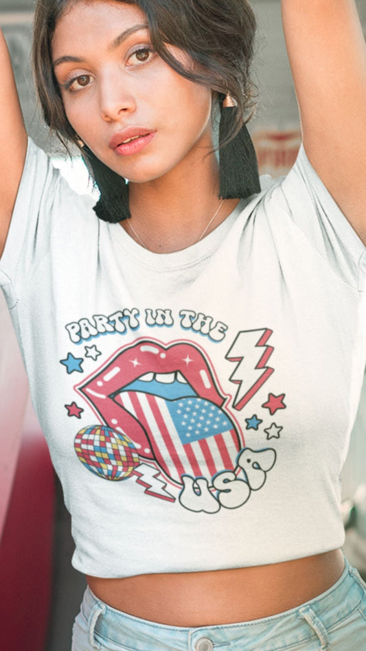 Crop Top  Patriotic Crop Top – Party in the USA Fourth of July White Crop Top Infidel Collective