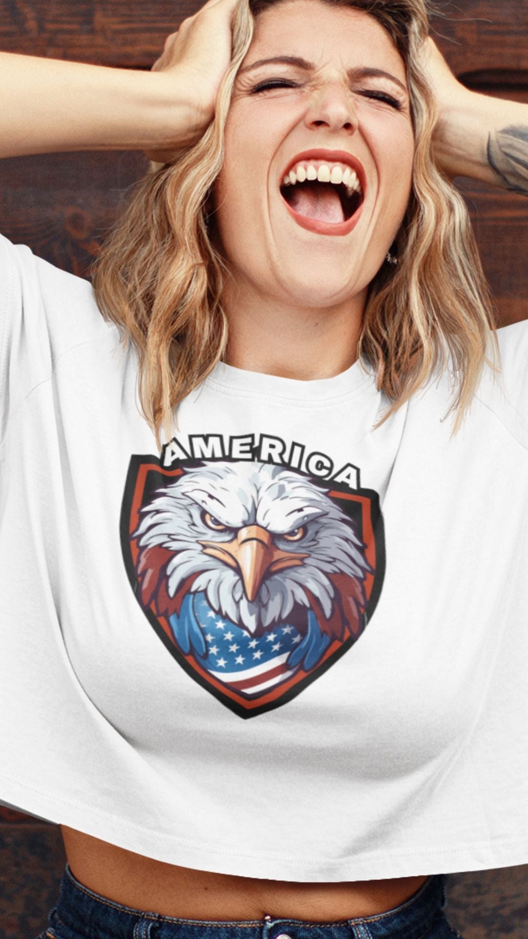 Crop Top Patriotic Crop Top – America Eagle Crest White Fourth of July Shirt Women Infidel Collective