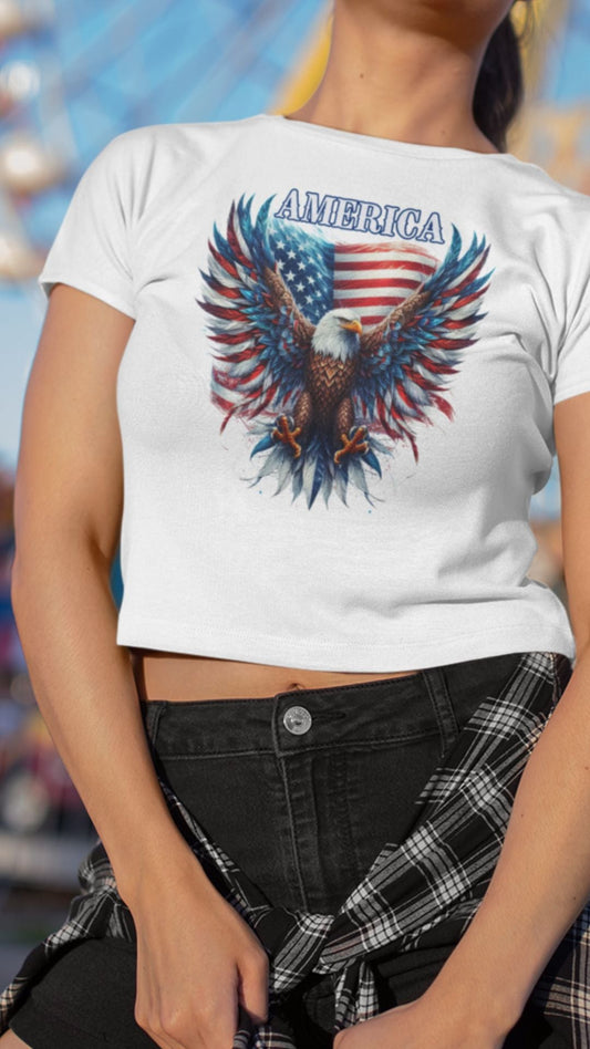Crop Top  Patriotic Crop Top – America Eagle Fourth of July White Shirt Women Infidel Collective