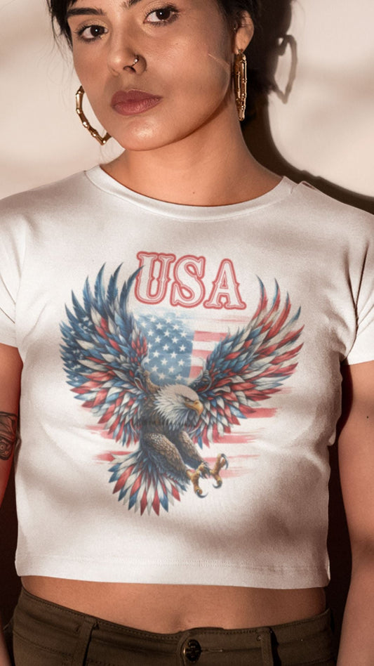 Crop Top  Patriotic Crop Top – USA Eagle Fourth of July White Shirt for Women Infidel Collective