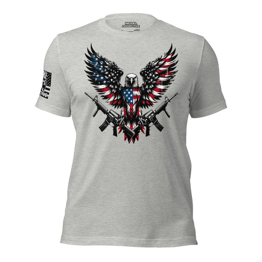 Patriotic 2A Eagle: Patriotic eagle with American flag wings holding rifles, bold red white and blue design on grey t-shirt by Infidel Collective