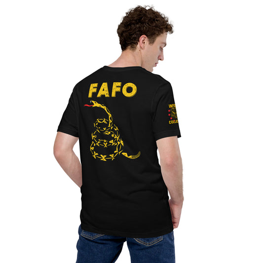 Patriotic 2A FAFO Gadsden Snake Back Print Yellow on Black T-Shirt  Infidel Collective