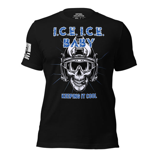 Black t-shirt with detailed skull in tactical helmet, cracked-ice background, and bold blue I.C.E. I.C.E. BABY text, humorous tactical design