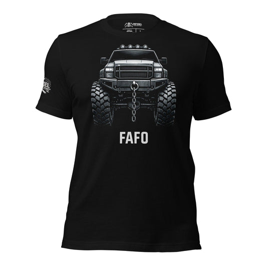 Black t-shirt with white text 'FAFO' on a white background