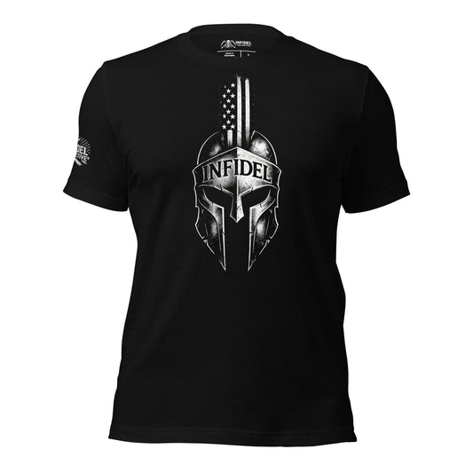 Black t-shirt with white text 'INFIDEL' with spartan helmet and feathers in monochrome, on a white background