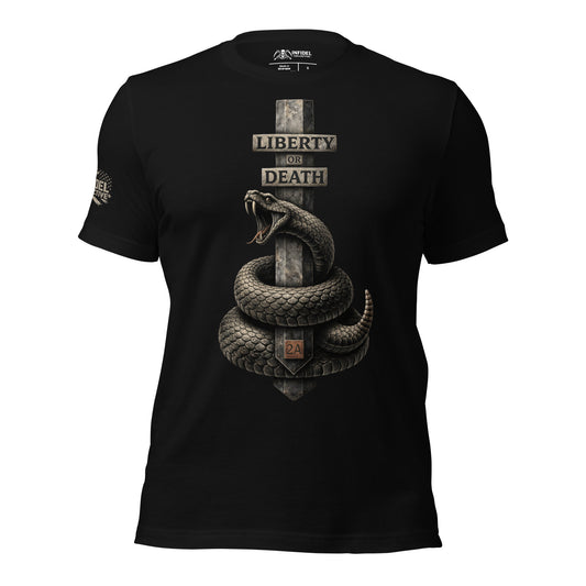 Black t-shirt with a snake and crossroads design with text 'LIBERTY OF DEATH' design on a white background