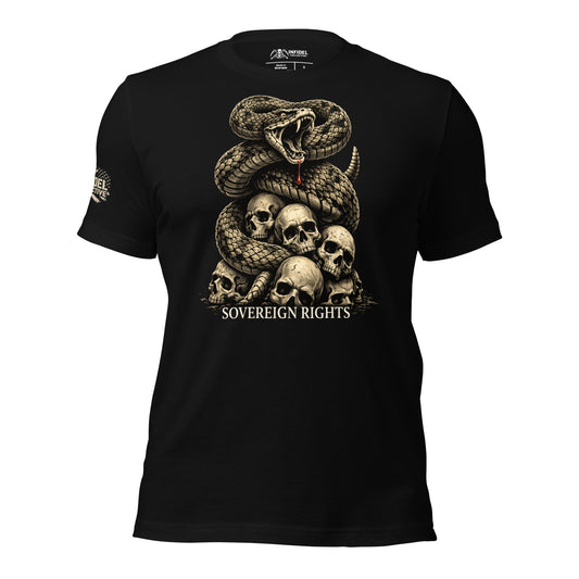 Black t-shirt with a snake and skull design and 'Sovereign Rights' text on a white background.