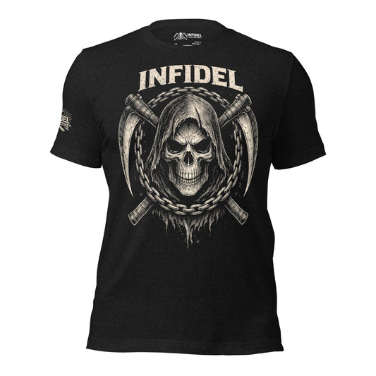 ghosted mockup of black graphic t-shirt with skull of reaper, in front of two scythes crossed like bones with "INFIDEL" across the top in bold, against a white background.
