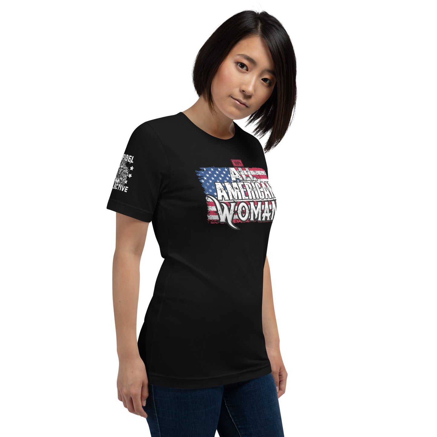 All American Woman Black T-Shirt | Patriotic Graphic Tee for Women Infidel Collective