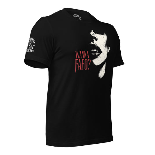 Black womens t-shirt with graphic design of female vampire and text stating "Wanna FAFO?" placed on a white background as ghosted mockup of the design from the right side.
