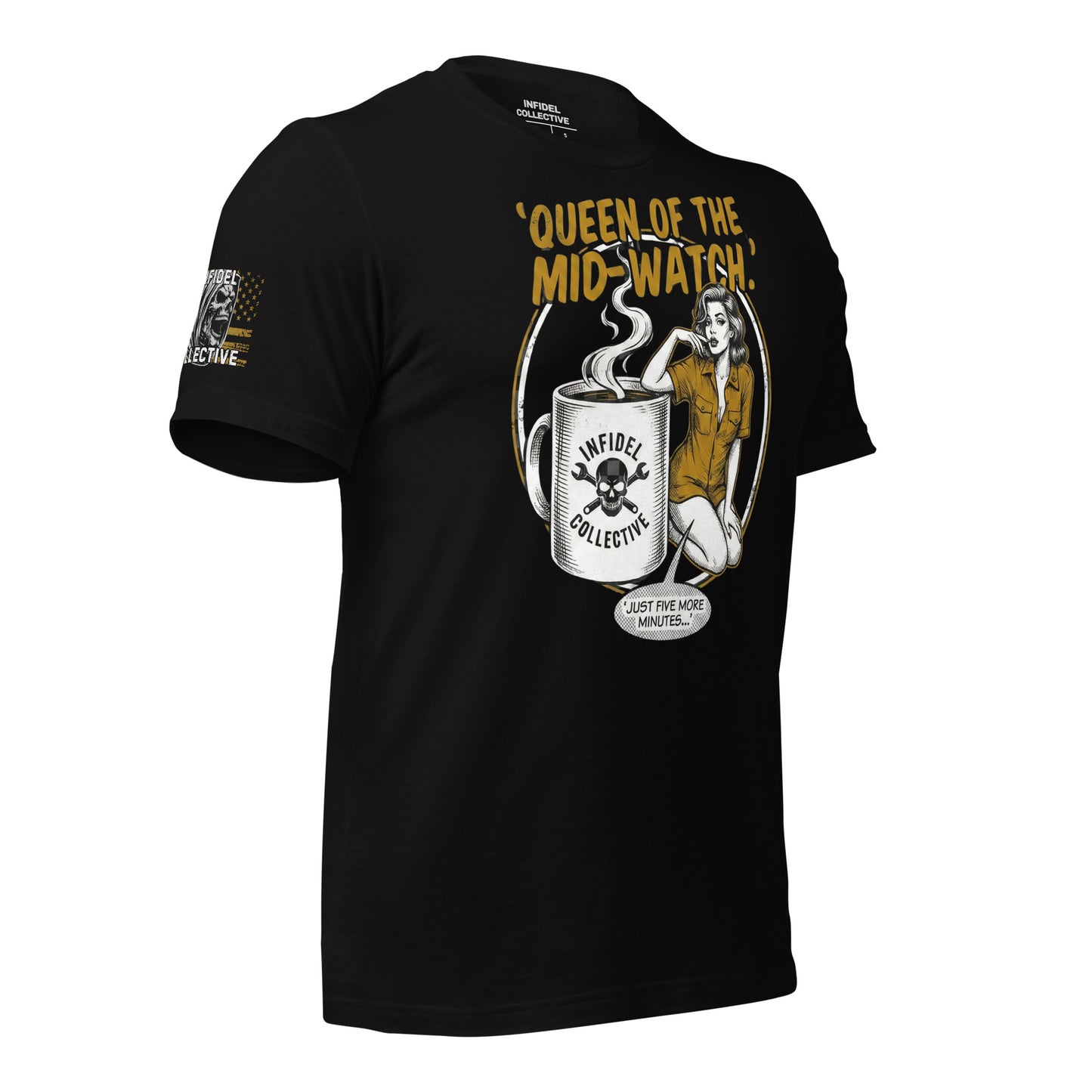 Black t-shirt with graphic design and text on a white background