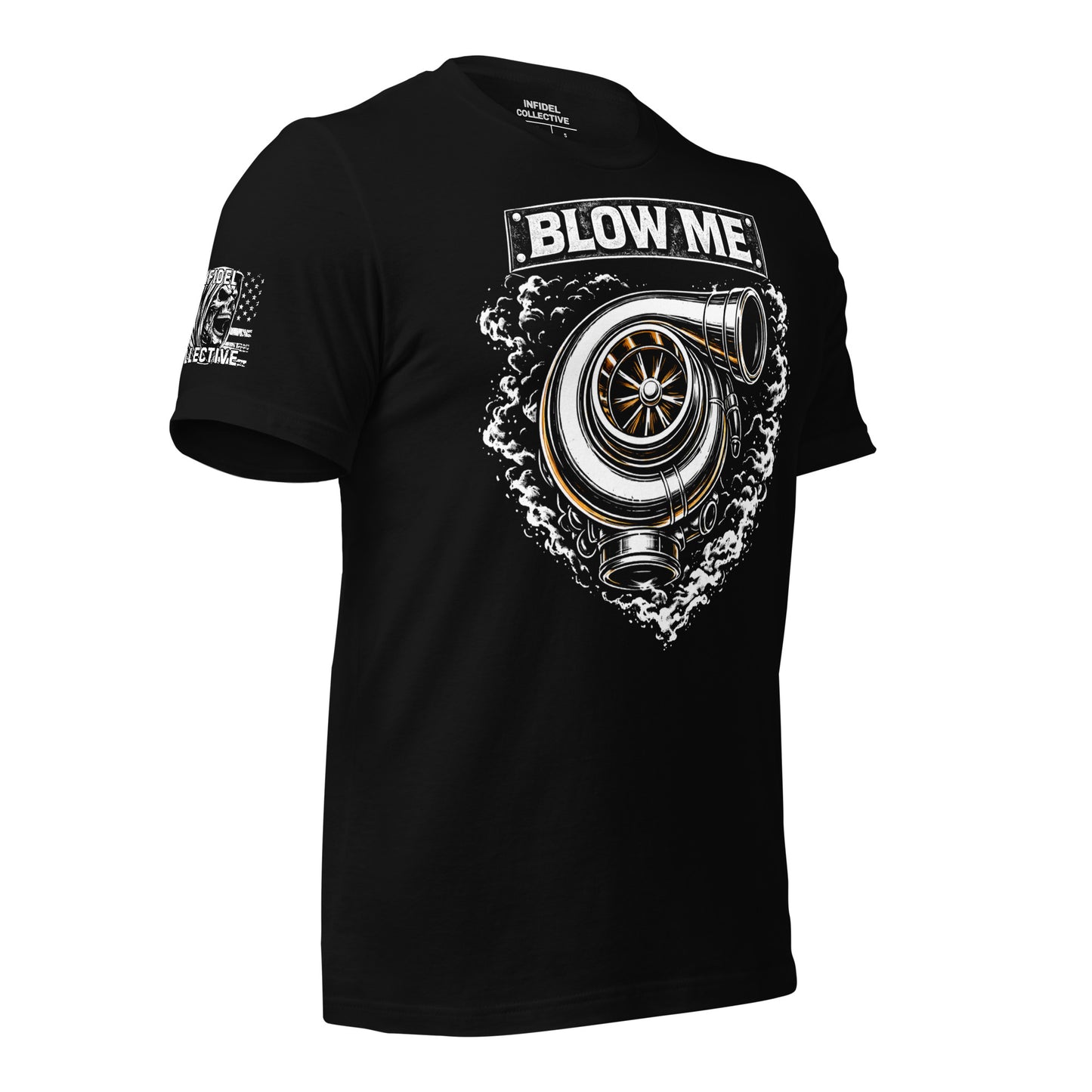Black t-shirt with a turbocharger graphic and 'BLEW ME' text on a white background, side view.