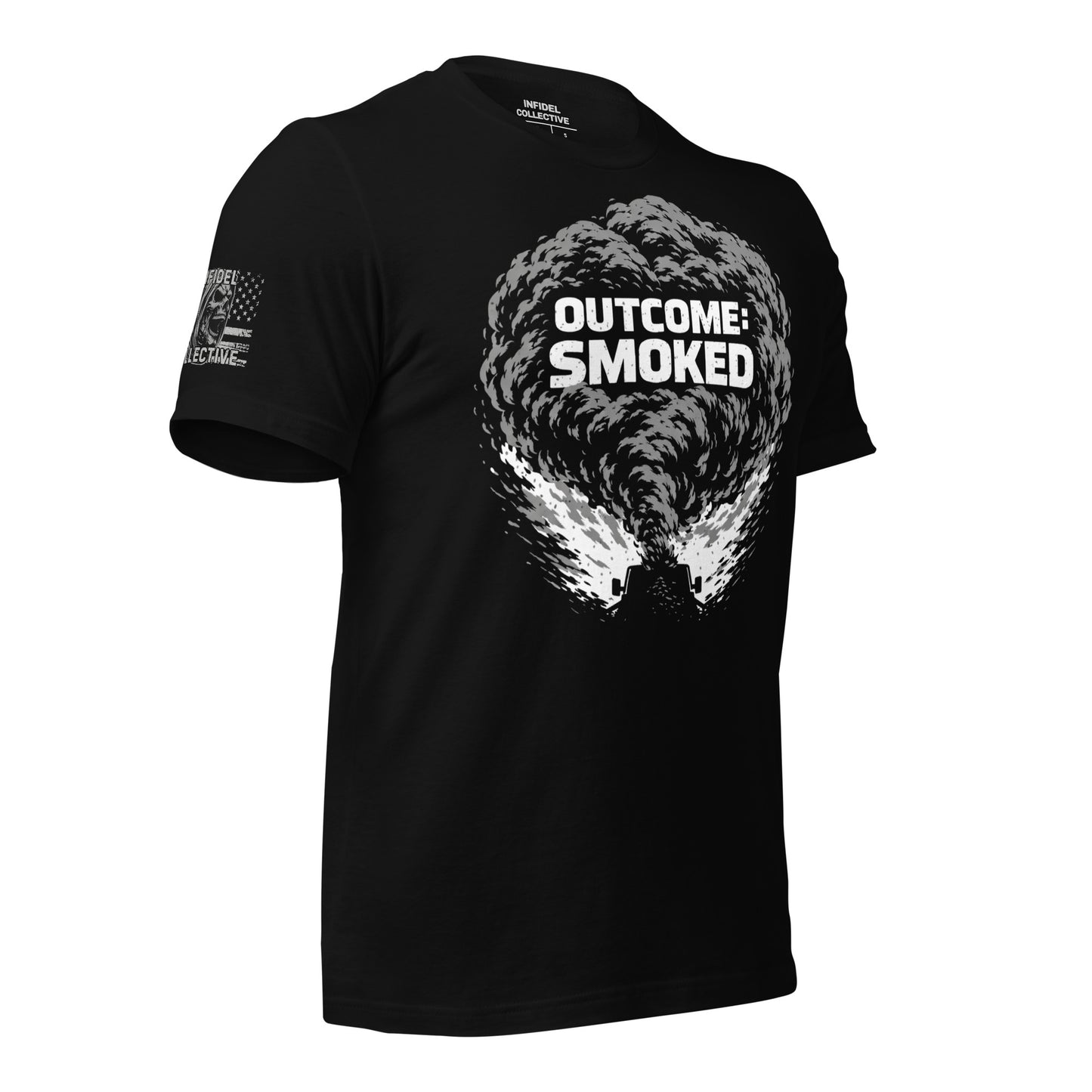 Black t-shirt with 'Outcome: Smoked' graphic design on a white background