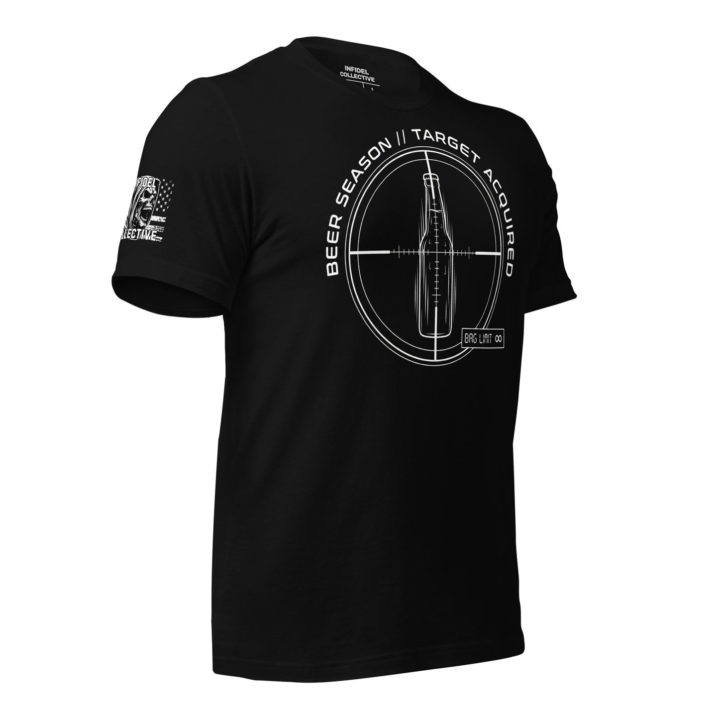 Black t-shirt with white graphic Beer Season Target Acquired design on the front, shown on a white background with side view.