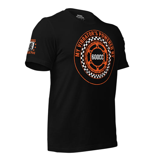 Ghosted mockup of Black t-shirt with orange and white graphic design and text "Powered by 600cc" on a white background, side view.