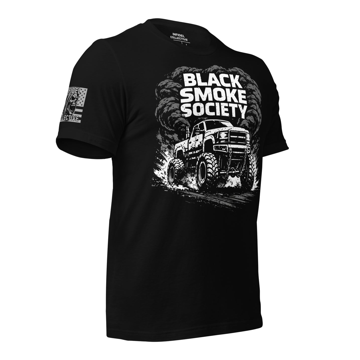 Black t-shirt with 'Black Smoke Society' graphic and truck design on a white background