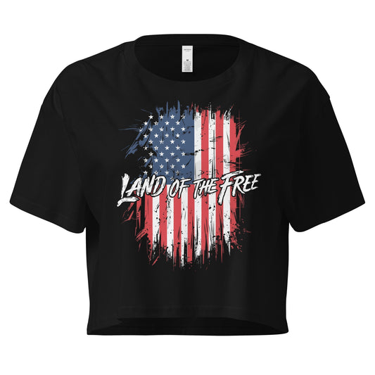 Crop Top XL Patriotic Crop Top – Land of the Free USA Flag Black Shirt for Women Infidel Collective