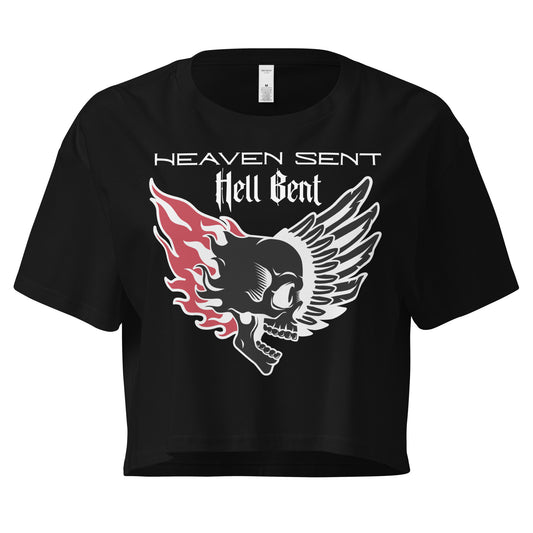 NSFW Crop Top – Heaven Sent Hell Bent Biker Skull Wings Black Shirt for Women  Infidel Collective