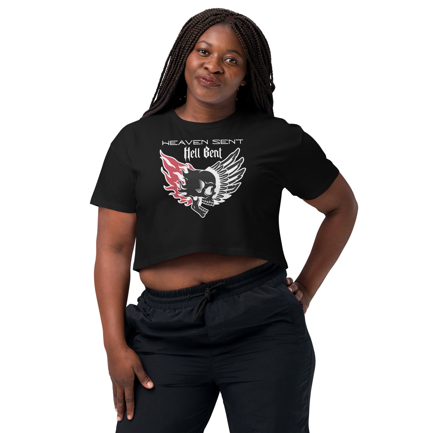 NSFW Crop Top – Heaven Sent Hell Bent Biker Skull Wings Black Shirt for Women Infidel Collective