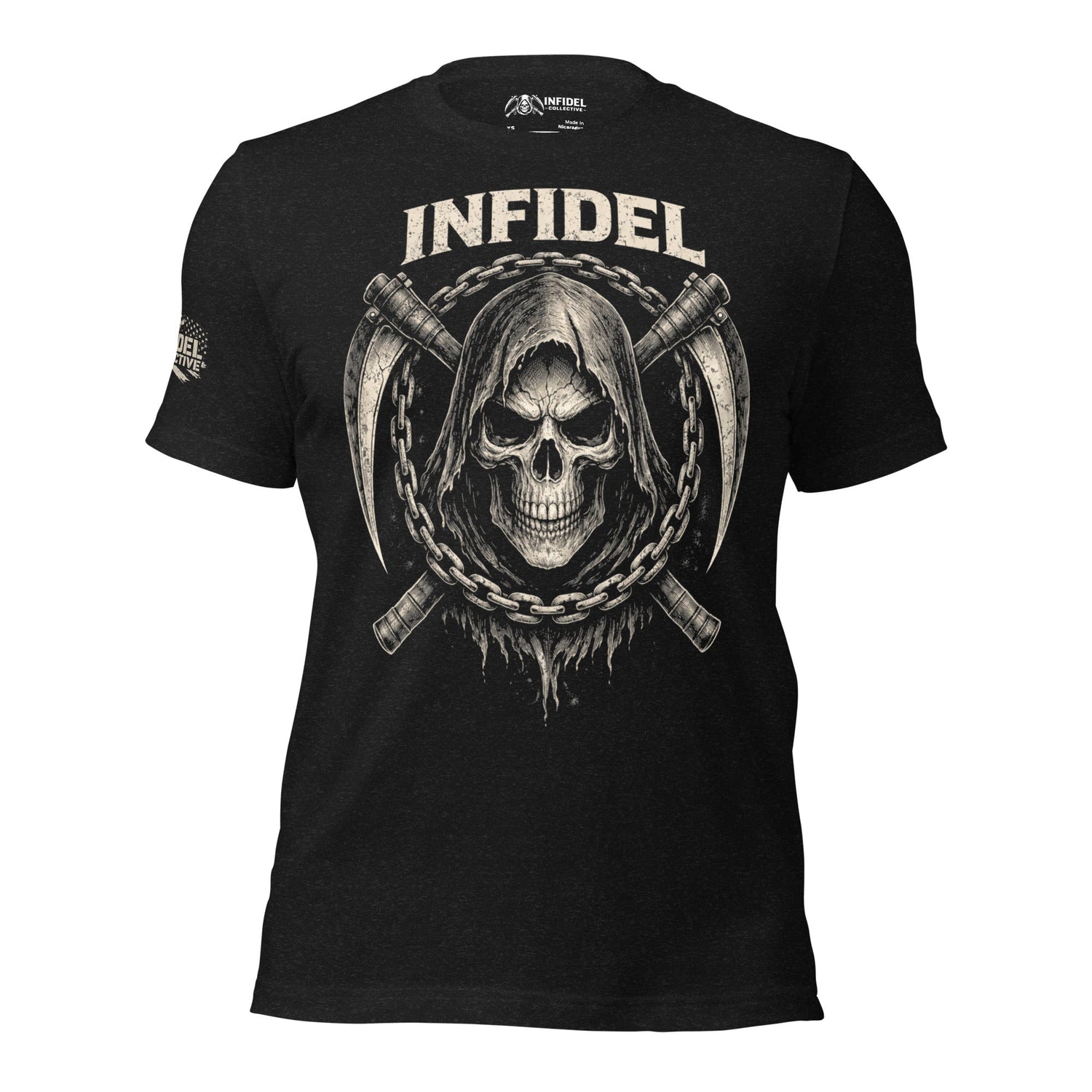 Man wearing Infidel Collective branded t-shirt with skull design—patriotic graphic tee for rebels, blue-collar Americans, and freedom-loving badasses.