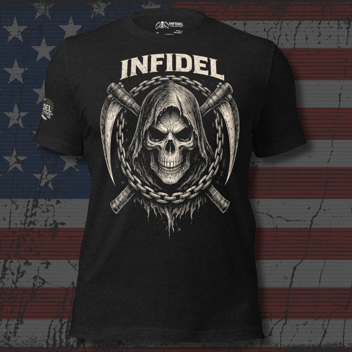 Man wearing Infidel Collective branded t-shirt with skull design—patriotic graphic tee for rebels, blue-collar Americans, and freedom-loving badasses.
